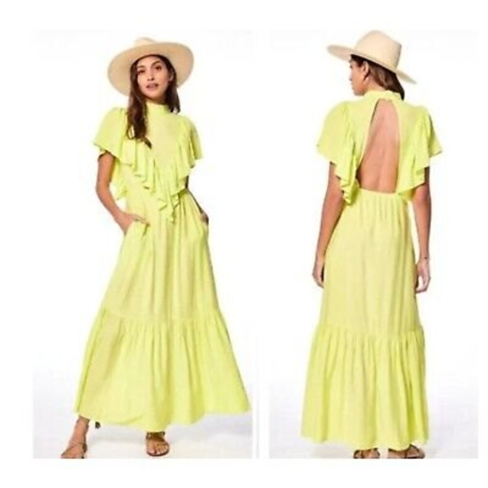 New YOUNG FABULOUS & BROKE Cruz Maxi Dress Flutter Sleeve Open Back Yellow S